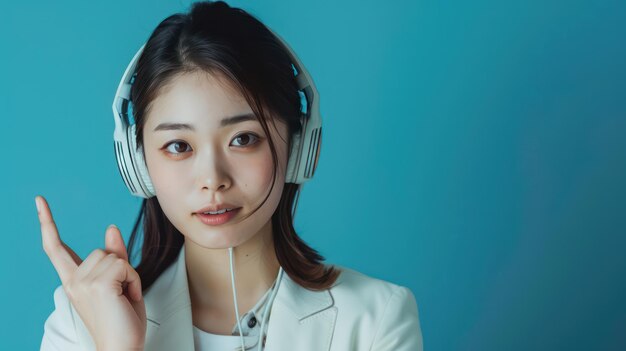 Foto mulher profissional com fones de ouvido fazendo gestos positivos contra um fundo azul