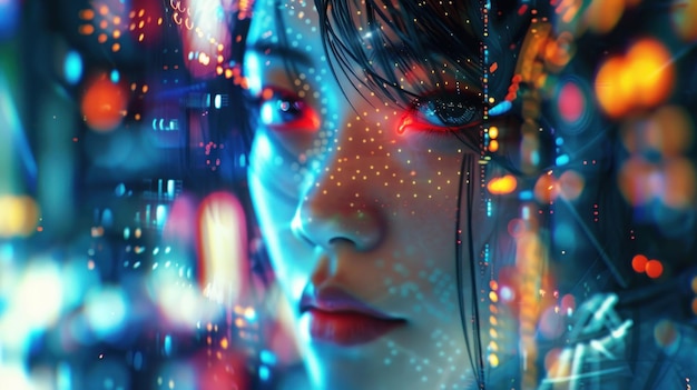 Foto mulher rosto jovem asiático close-up luzes de néon estilo de atmosfera cyberpunk papel de parede de fundo imagem gerada por ia