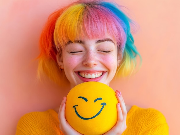 Mulher sorridente com cabelo arco-íris segurando um smiley