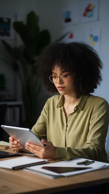 Mulher trabalhando em um tablet digital no novo normal