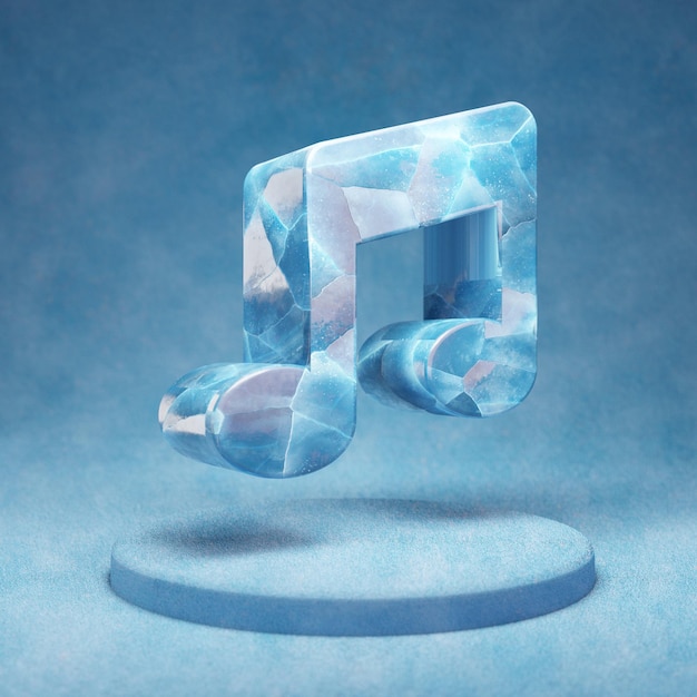 Musik-Symbol. Gebrochenes blaues Eismusiksymbol auf blauem Schneepodest. Social Media-Symbol für Website, Präsentation, Designvorlagenelement. 3D-Rendering.