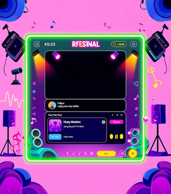 Foto musikfestival-layout für einen musikstreamer mit neonfarben festival elem game interface designe