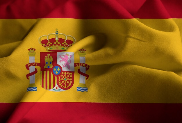 Nahaufnahme der gekräuselten Spanien-Flagge, Spanien-Flagge, die im Wind durchbrennt