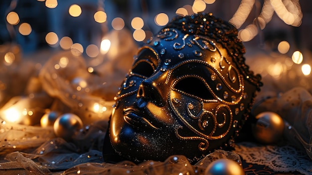 Foto nahaufnahme einer geschmückten dunkelfarbenen maskerade-maske mit zarten golddetails