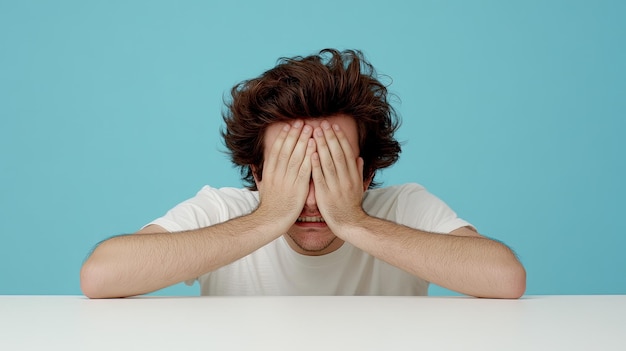 Foto nahaufnahme eines mannes, dessen hände sein gesicht bedecken und die frustration des büro-schreibtisches zeigen