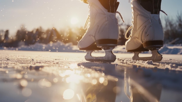 Foto nahaufnahme von eislaufen auf einem funkelnden gefrorenen teich unter goldenem sonnenlicht, die die essenz eines wunderschönen wintertages im freien einfangen