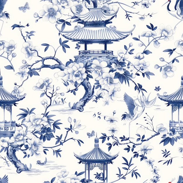 Foto nahtloses chinoiserie-muster mit zarten blüten und pagoden