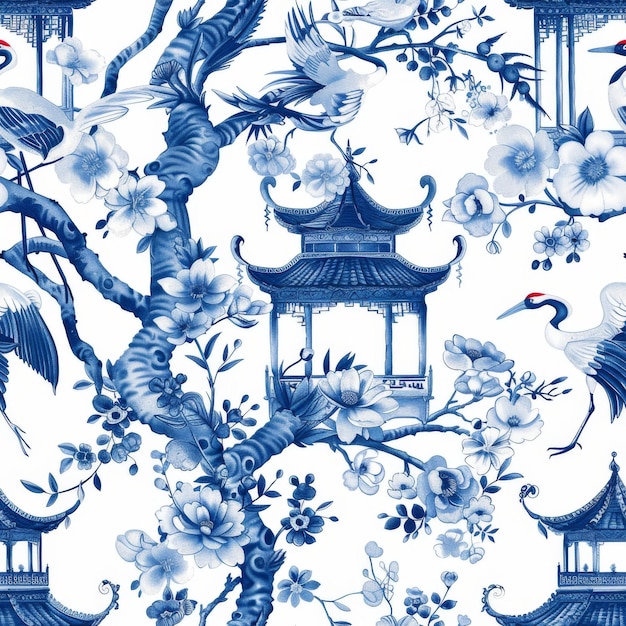 Foto nahtloses chinoiserie-muster mit zarten blüten und pagoden