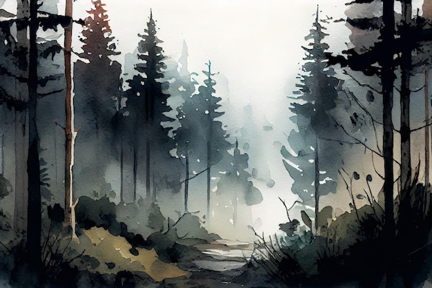 Nebliger Wald in Aquarellmalerei