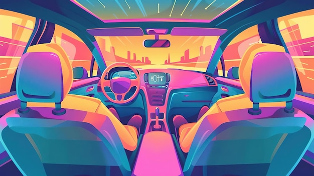 Foto neonbeleuchtetes autointerieur mit blick auf die skyline der stadt