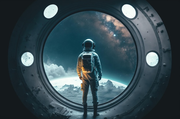 O astronauta em um traje espacial fica na frente da janela do círculo da nave espacial generativa ai