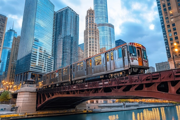 Foto o comboio passa pela ponte em chicago