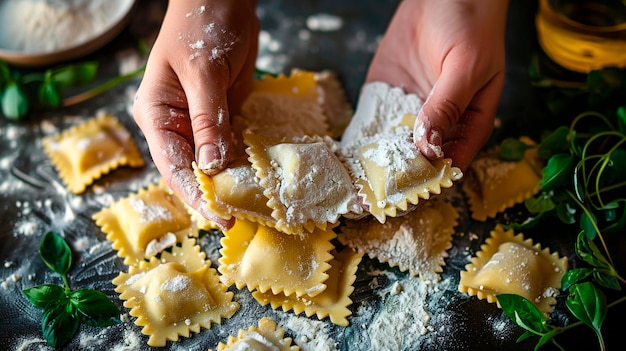 Foto o cozinheiro faz ravioli. foco seletivo.