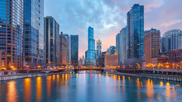 Foto o horizonte de chicago ao anoitecer sobre o rio chicago