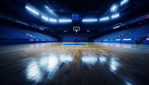 O título desta imagem poderia ser "Solitário e assustador campo de basquetebol vazio numa arena mal iluminada".