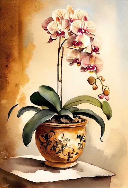 Orchideen-Topf-Rosa-Blumen-Aquarell