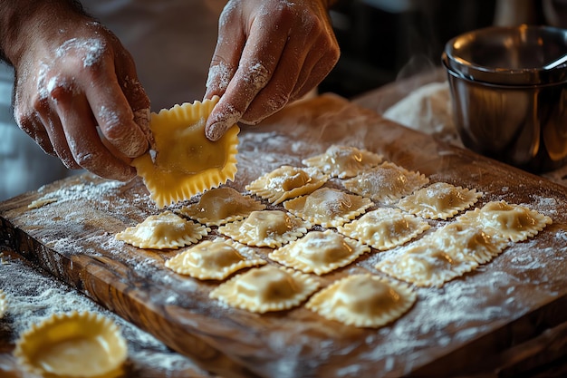 Foto os cozinheiros fazem ravioli em uma tábua de madeira