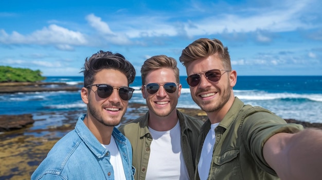 Foto os rapazes são todos sorrisos na praia