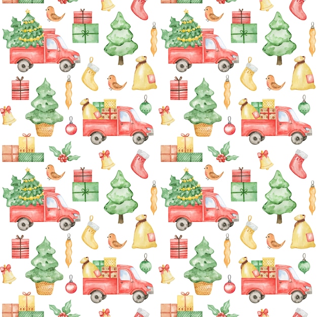 Padrão de aquarela ano novo 2021, fundo de feliz Natal, padrão de Natal desenhado à mão, design têxtil de inverno, caminhão de natal, árvore de abeto, presente, design de padrão de natal, papel de embrulho