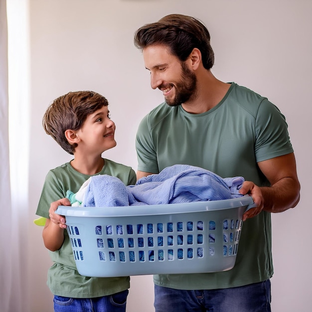 Foto pai e filho juntos com uma cesta de roupa suja