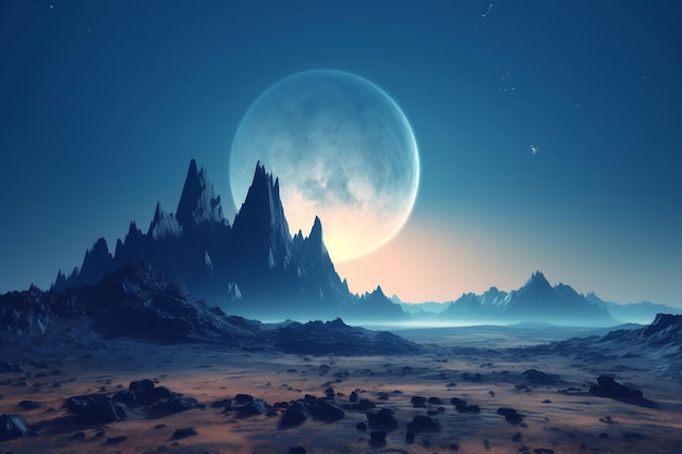 Paisagem de fantasia de planeta distante com montanha e grande lua azul por trás de generative ai