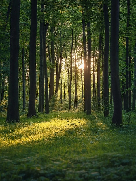 Foto paisagem silvestre serena com a luz solar filtrando através das árvores