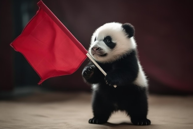 Panda pequeno bonito com bandeira vermelha Gerar Ai