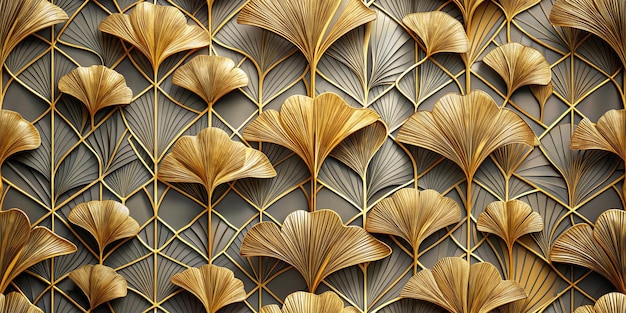 Foto papel de parede 3d: um novo mural de ouro chinês com folhas de ginkgo em linha, papel de parede em 3d, ilustração em 3d.