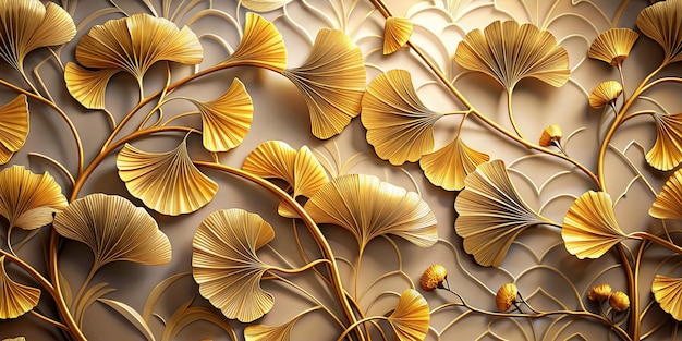 Foto papel de parede 3d: um novo mural de ouro chinês com folhas de ginkgo em linha, papel de parede em 3d, ilustração em 3d.