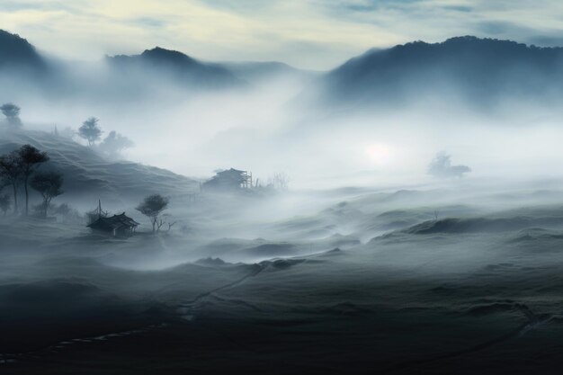 Foto papel de parede de fundo de manhã névoa aldeia chinesa