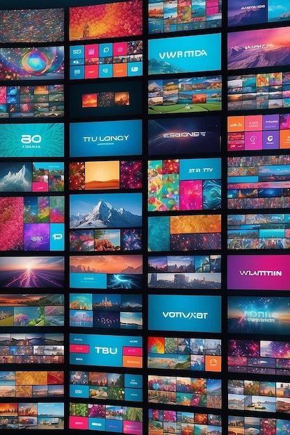 Foto parede de vídeo multimídia com imagens em várias telas de tv monitor programa de transmissão brilhante colorido tecnologia multicolor exibição mídia de comunicação de fundo generative ai