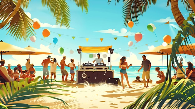 Foto party am strand mit dj-musik, palmen und leuten