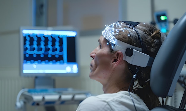 Foto patient, der sich in einer klinik einem brain-computer-interface-verfahren unterzieht