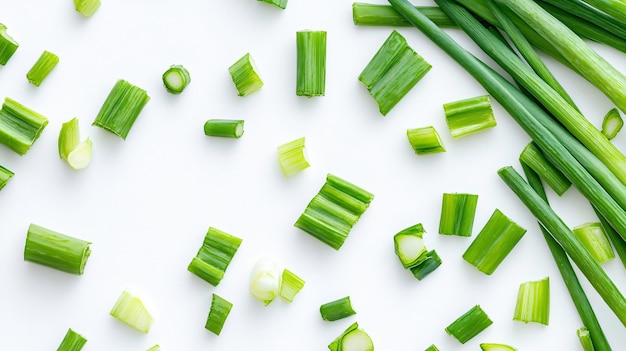 Foto pedaços de cebola verde fresca em fundo branco