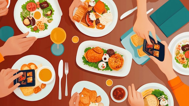 Foto pessoas inteligentes estão comendo comida em um restaurante e alguns deles estão tirando fotos.