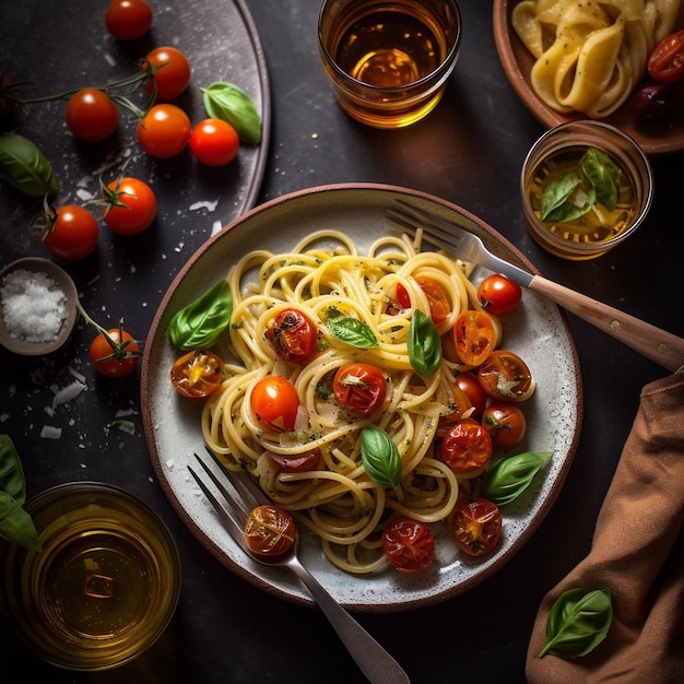 Pikante Spaghettiriegel Ein köstliches Mittagsgericht mit Tomaten und Sauce