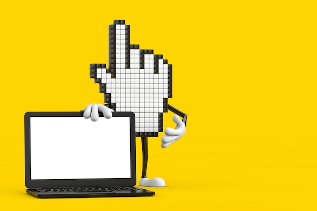 Pixel-Hand-Cursor-Maskottchen-Personencharakter mit modernem Laptop-Computer-Notebook und leerem Bildschirm für Ihr Design 3D-Rendering