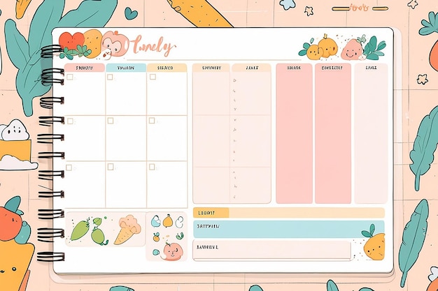 Foto planificador semanal com ilustrações bonitas temática em pastel gráfico para diário adesivo e scrapbook