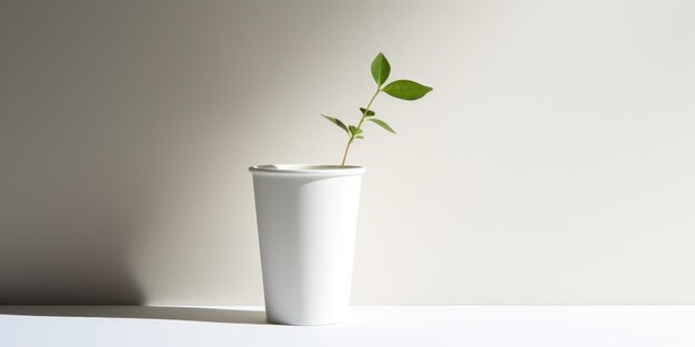 Foto planta verde jovem crescendo em copo de papel branco com fundo neutro na mesa crescimento sustentável