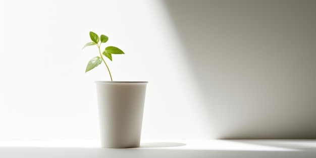 Foto planta verde jovem em copo biodegradável em fundo branco conceito ecológico ia generativa