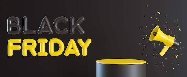 Pódio amarelo com megafone de texto de sexta-feira negra e confetes Venda oferta especial bom preço cena de compras para apresentação cosmética do produto Mock up banner com renderização em 3D de palco