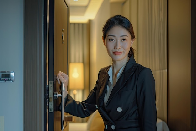 Foto porträt eines asiatischen hotelmanagers in schwarzem anzug, der den gästen das zimmer zeigt