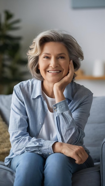 Foto positivo sênior mulher bonita sentada em sofá confortável olhando para a câmera e sorrindo res