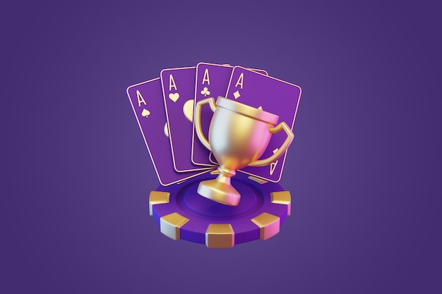 Foto purple e gold aces com troféu e chip de poker ilustração de renderização 3d