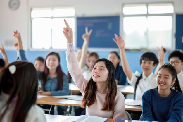 Foto qualquer pergunta estudante adolescente levantando a mão para responder a uma pergunta