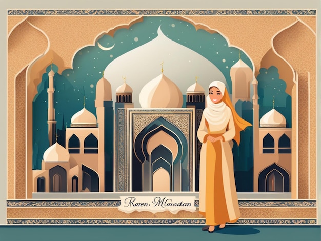 Foto ramadan kareem eid mubarak vector ilustração bonita de uma cidade muçulmana com uma mesquita e um crescente