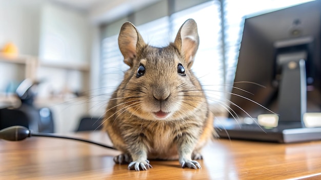 Foto rato degu sorri no escritório