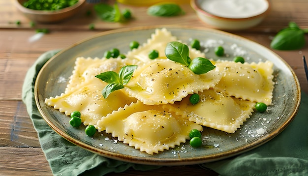 Foto ravioli com ricotta e ervilhas verdes jovens