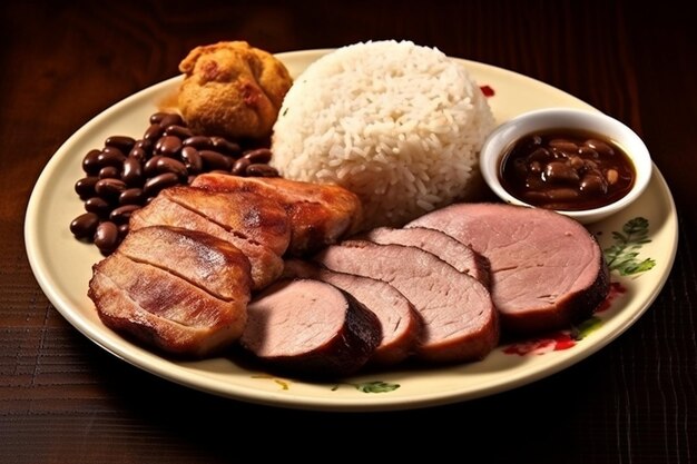 Foto refeição apetitosa carne de arroz e feijão em prato branco em superfície de madeira