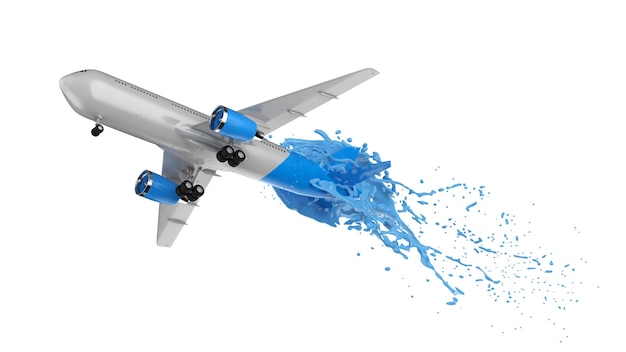 Renderização 3D avião branco e azul espirrando no fundo branco